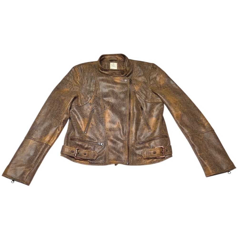 Free People Fenix Snakeskin Moto Jacket Brown Faux Leather Biker L NWOT - Picture 4 of 16